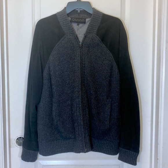 quinn Cashmere & Leather Suede Sleeve Full zip Black Gray Sweater Jacket